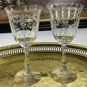Fostoria Navarre Clear Water Goblet Set of 2 Blown Glass Etched 7 5/8 in Vintage